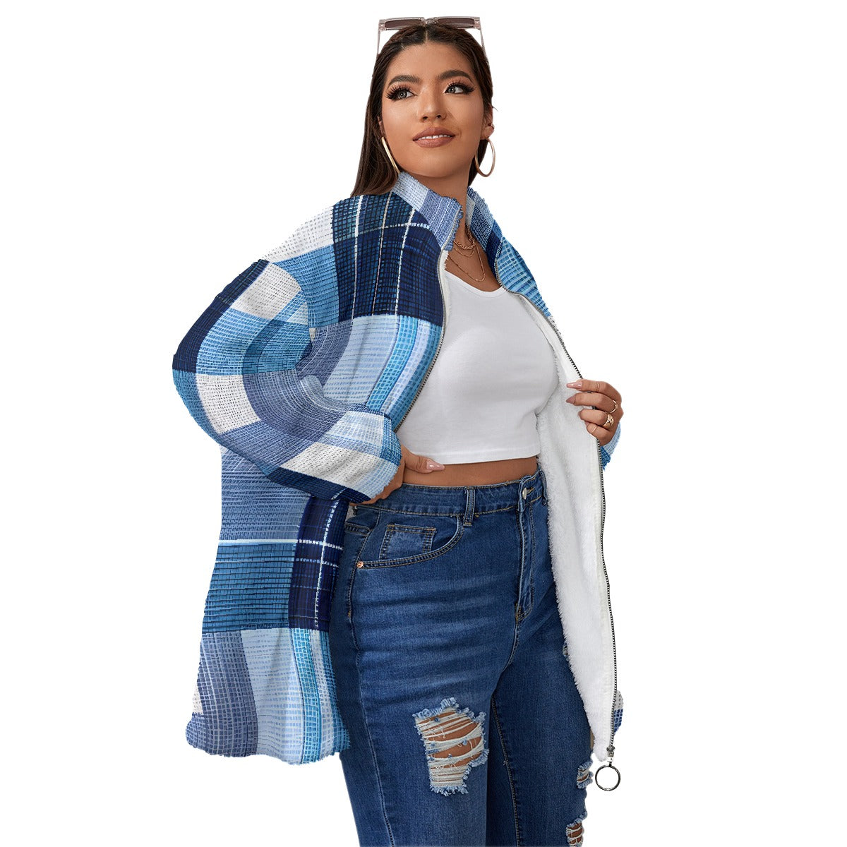 All-Over Print Unisex Borg Fleece Stand-up Collar Coat With Zipper Closure(Plus Size)