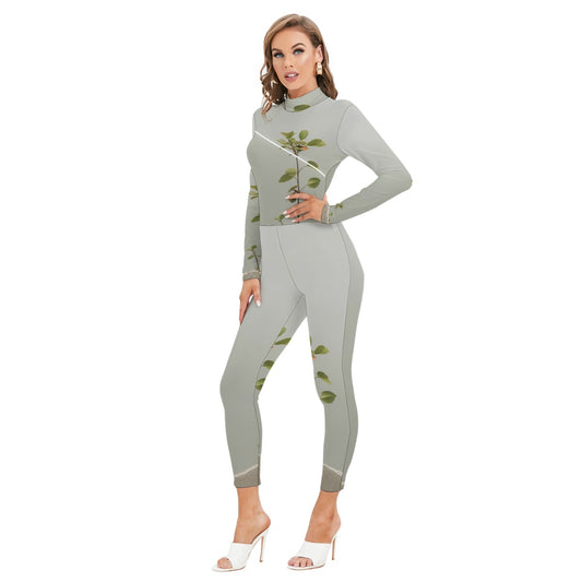 All-Over Print Women's Long-sleeved High-neck Jumpsuit With Zipper