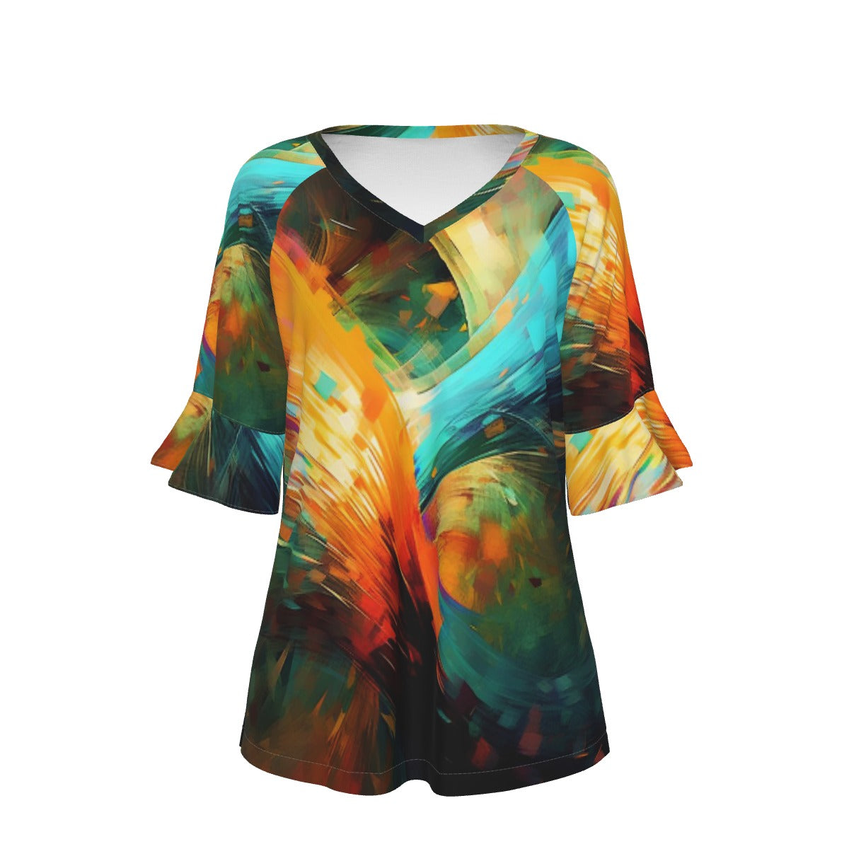 All-Over Print V-neck Women's T-shirt With Bell Sleeve
