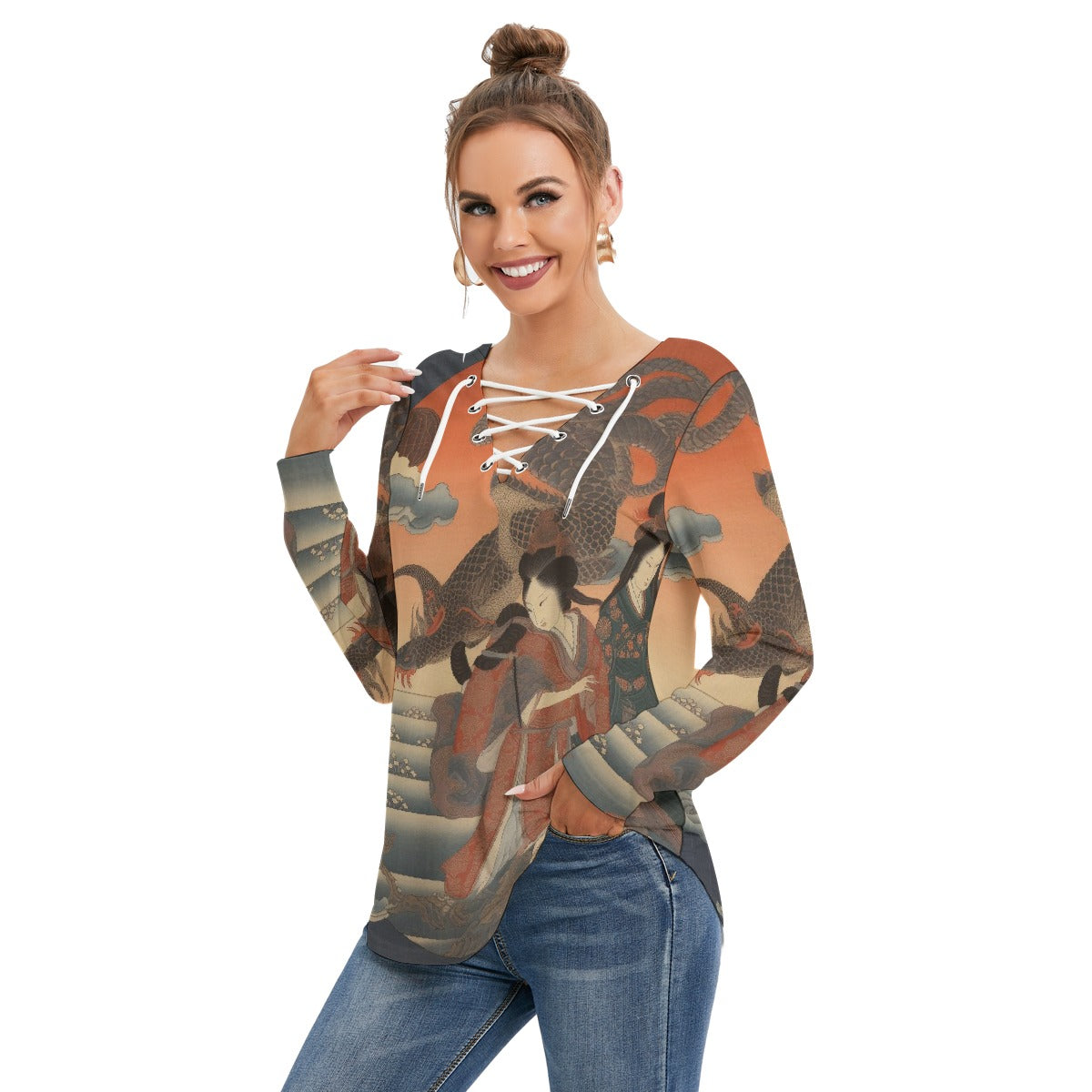 All-Over Print Women's Long Sleeve Neckline Tie Sweatshirt