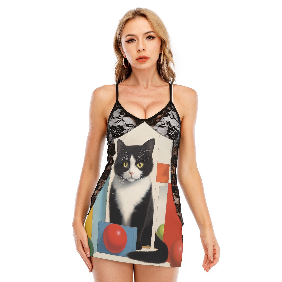 All-Over Print Women's Black Lace Cami Dress