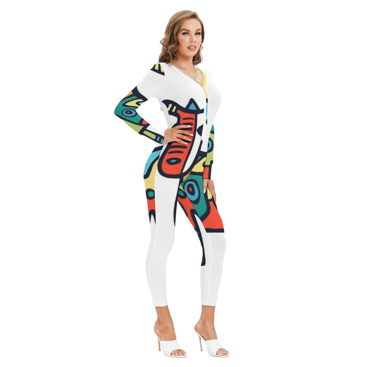 All-Over Print Women's Plunging Neck Jumpsuit