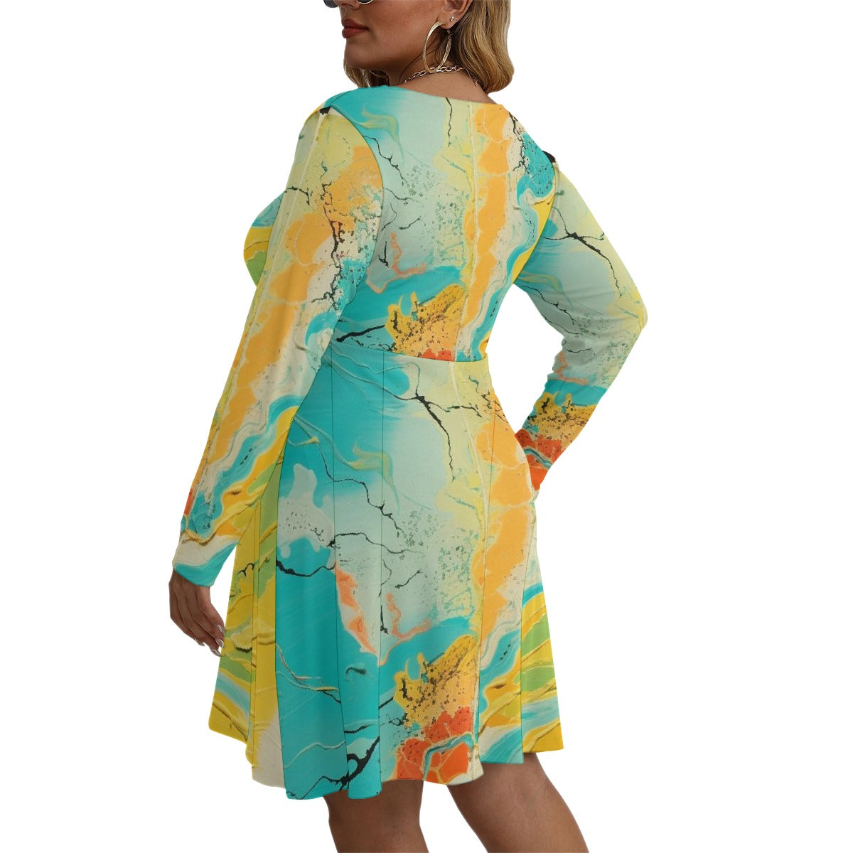 All-Over Print Women's V-neck Long Sleeve Dress(Plus Size)