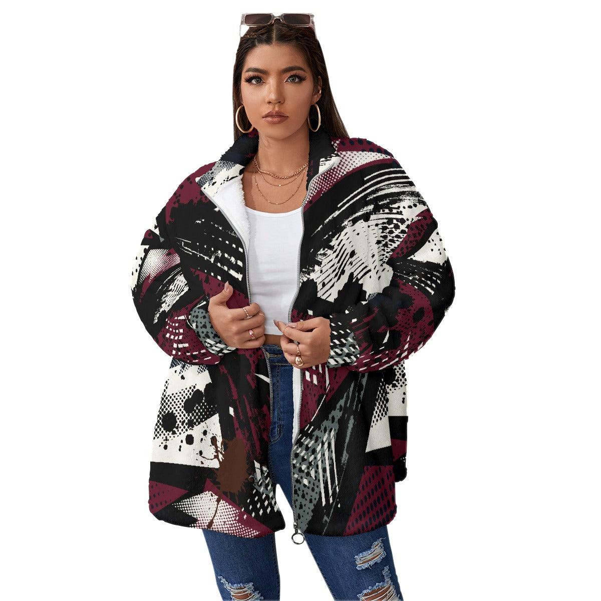 All-Over Print Unisex Borg Fleece Stand-up Collar Coat With Zipper Closure(Plus Size)