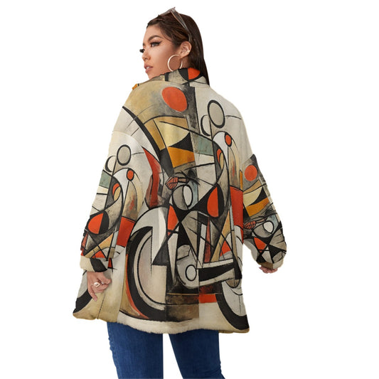 All-Over Print Unisex Borg Fleece Stand-up Collar Coat With Zipper Closure(Plus Size)