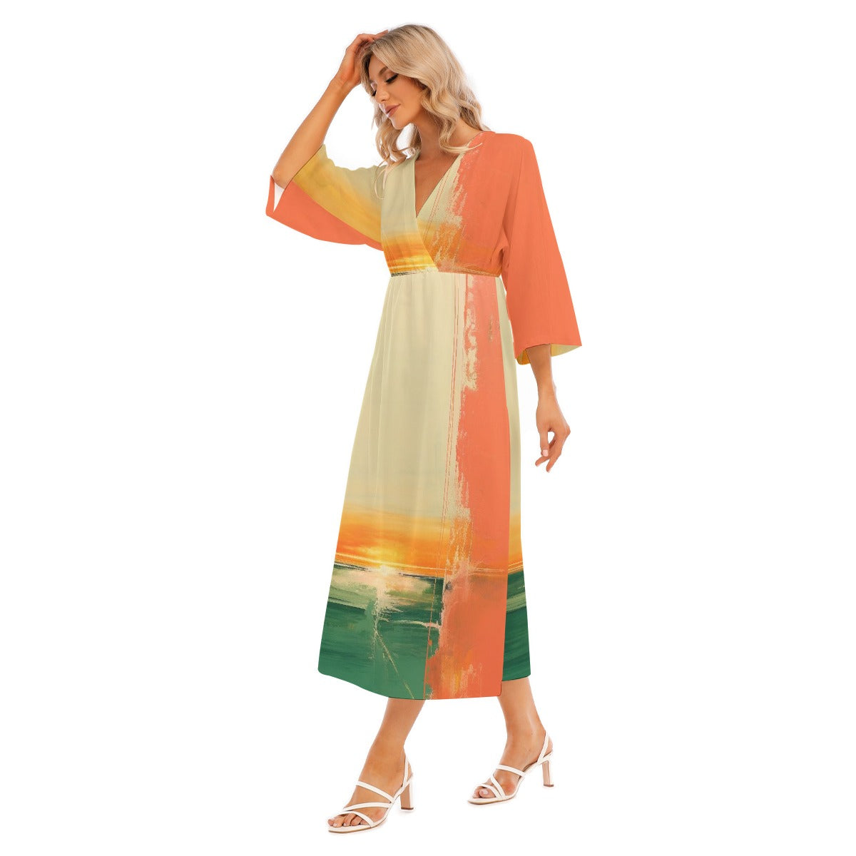 All-Over Print Women's Mid-Sleeve Long Dress