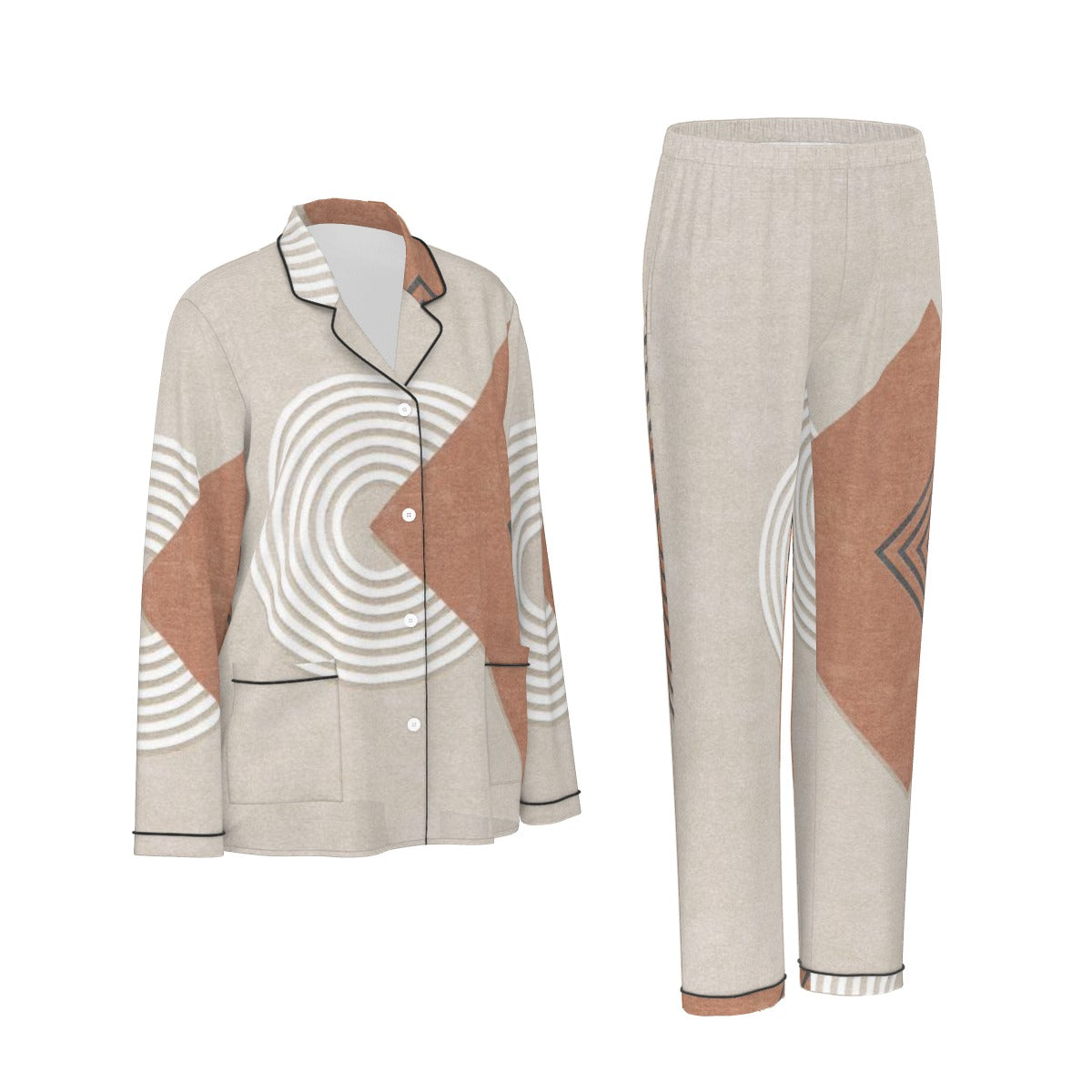 All-Over Print Women's Long Sleeve Pajama Set With Black Contrast Piping