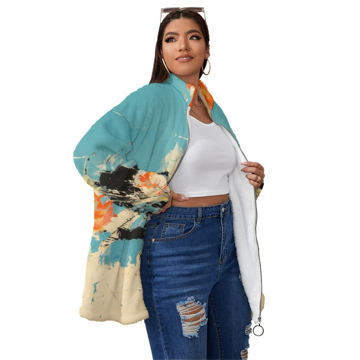 All-Over Print Unisex Borg Fleece Stand-up Collar Coat With Zipper Closure(Plus Size)