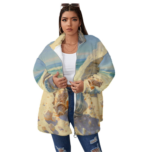 All-Over Print Unisex Borg Fleece Stand-up Collar Coat With Zipper Closure(Plus Size)