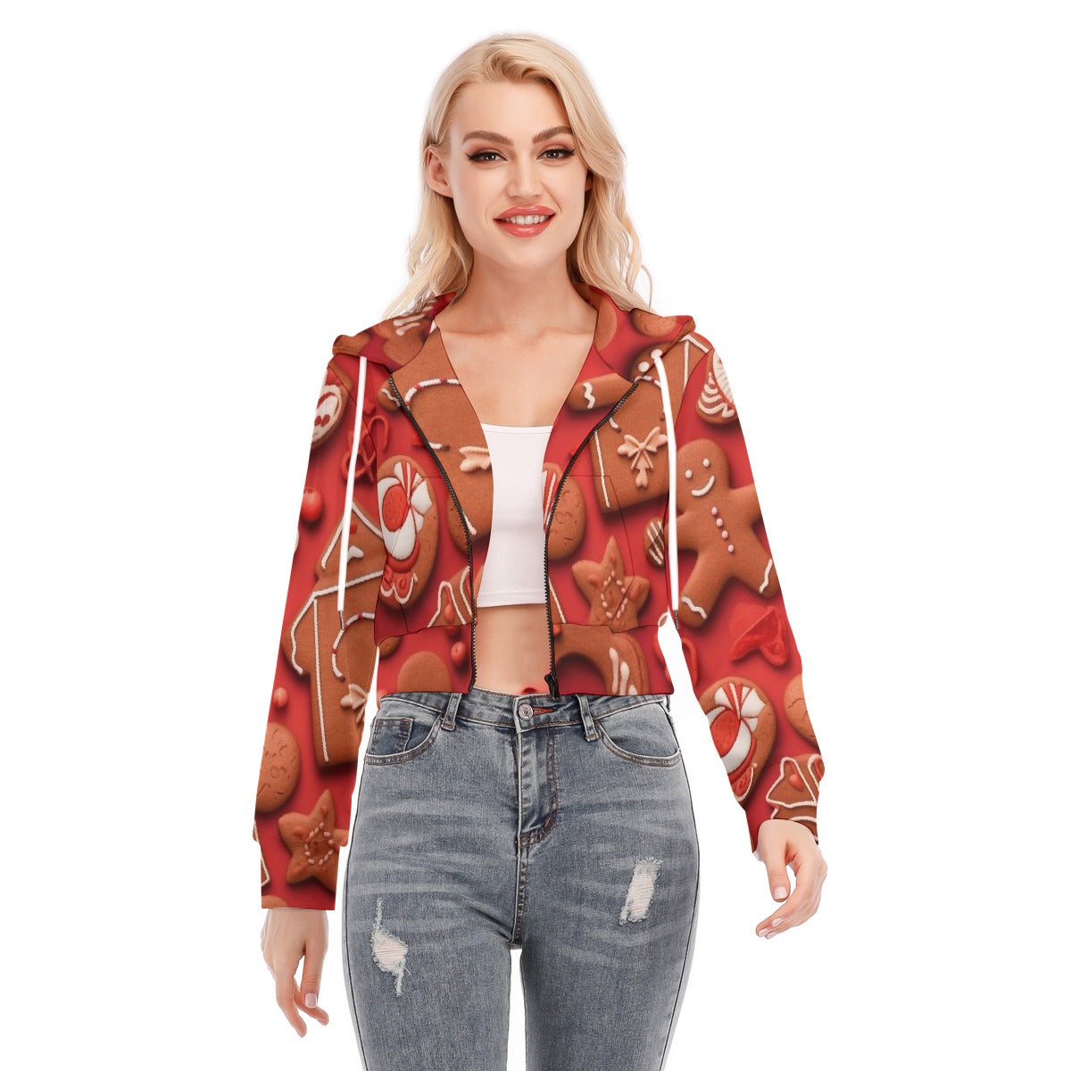 All-Over Print Women's Crop Top Hoodie With Zipper Closure
