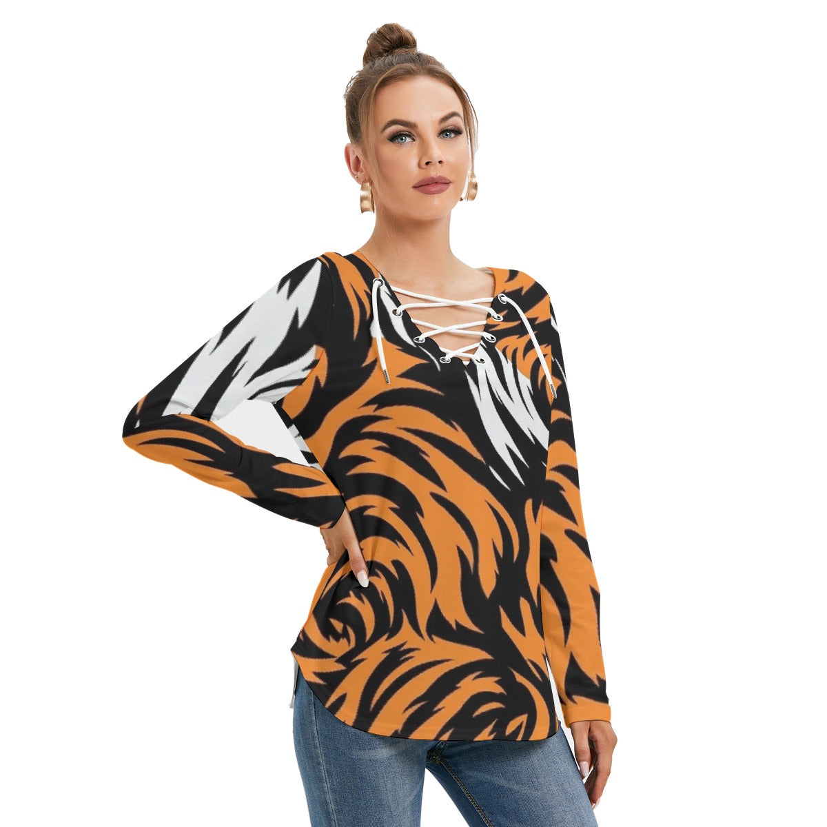 All-Over Print Women's Long Sleeve Neckline Tie Sweatshirt