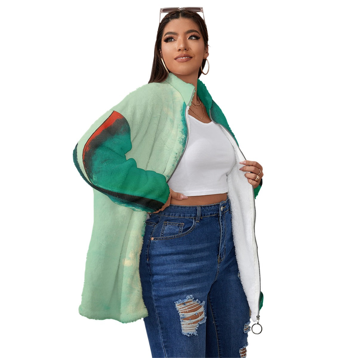 All-Over Print Unisex Borg Fleece Stand-up Collar Coat With Zipper Closure(Plus Size)