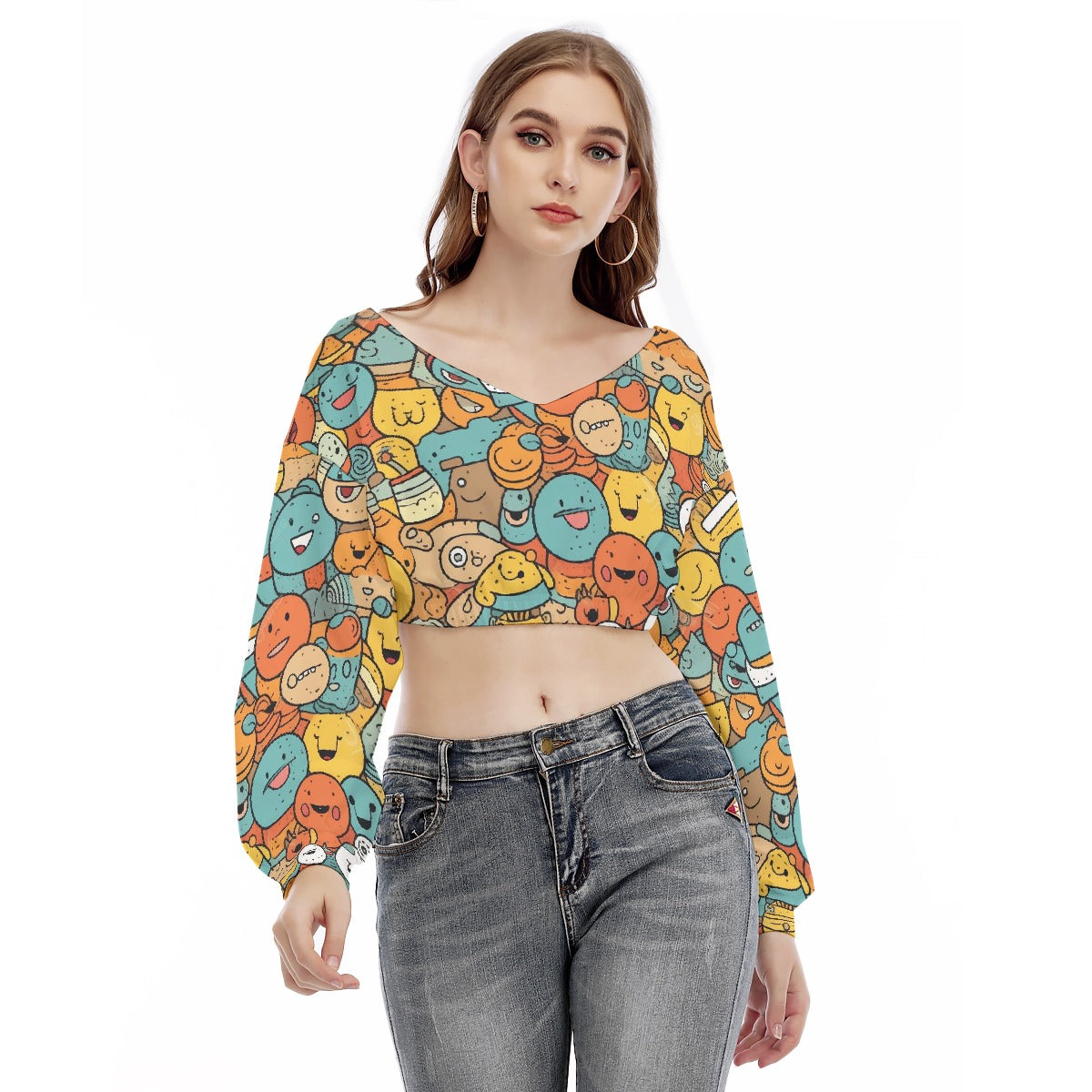 All-Over Print Women's V-neck Long Sleeve Cropped Sweatshirt