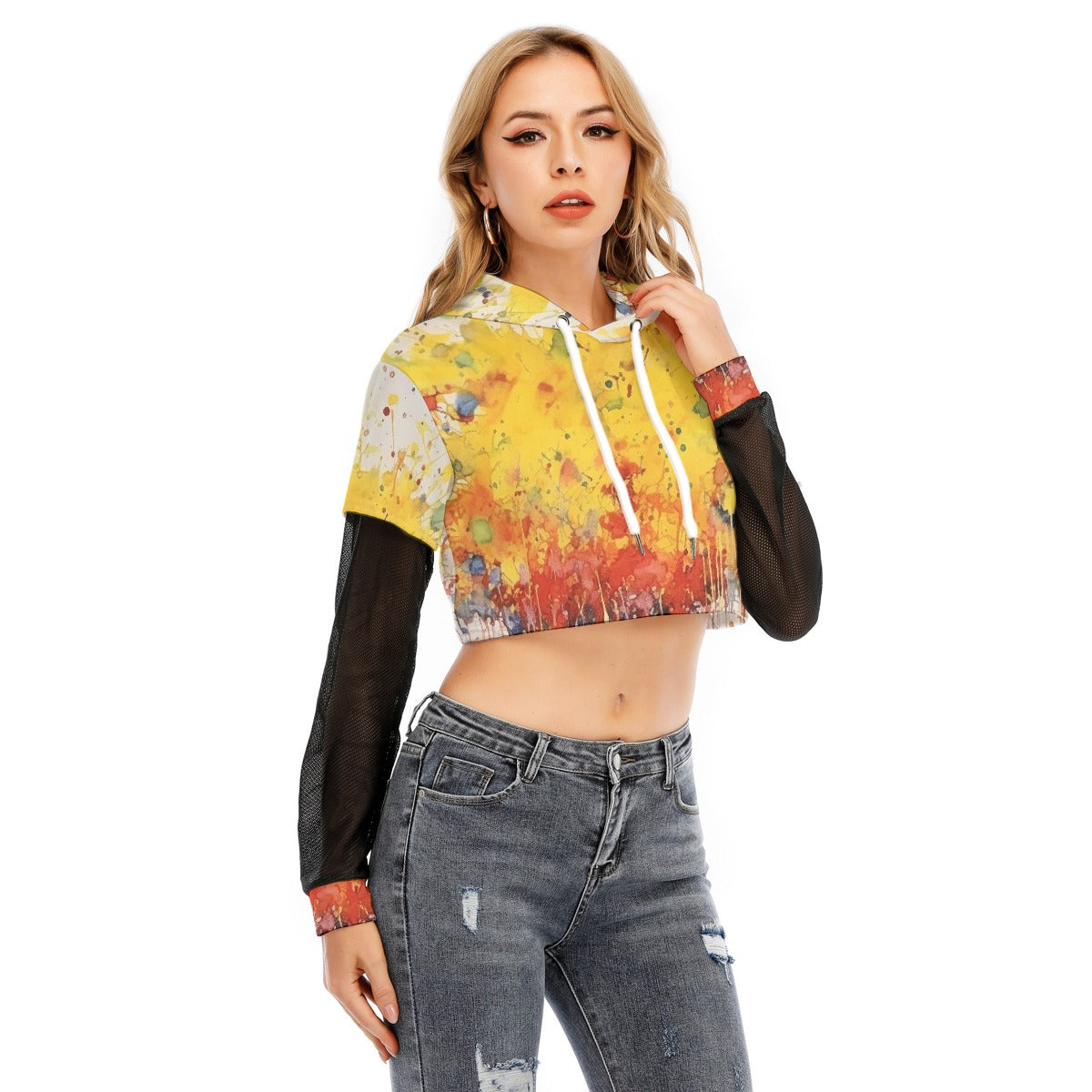 All-Over Print Women's Fake Two-piece Mesh Sleeve Cropped Hoodie