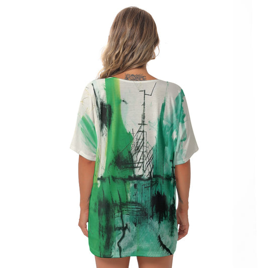 All-Over Print Women's Bat Sleeves V-Neck Blouse