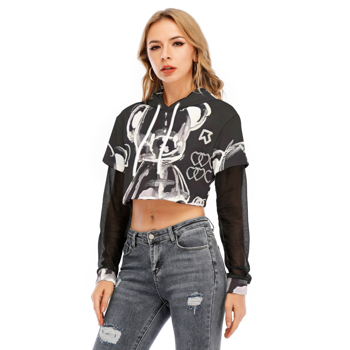 All-Over Print Women's Fake Two-piece Mesh Sleeve Cropped Hoodie