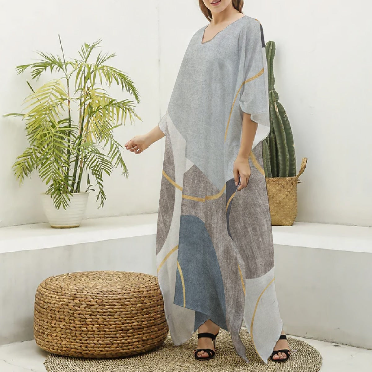 All-Over Print Women's Imitation Silk V-neck Kaftan Robe
