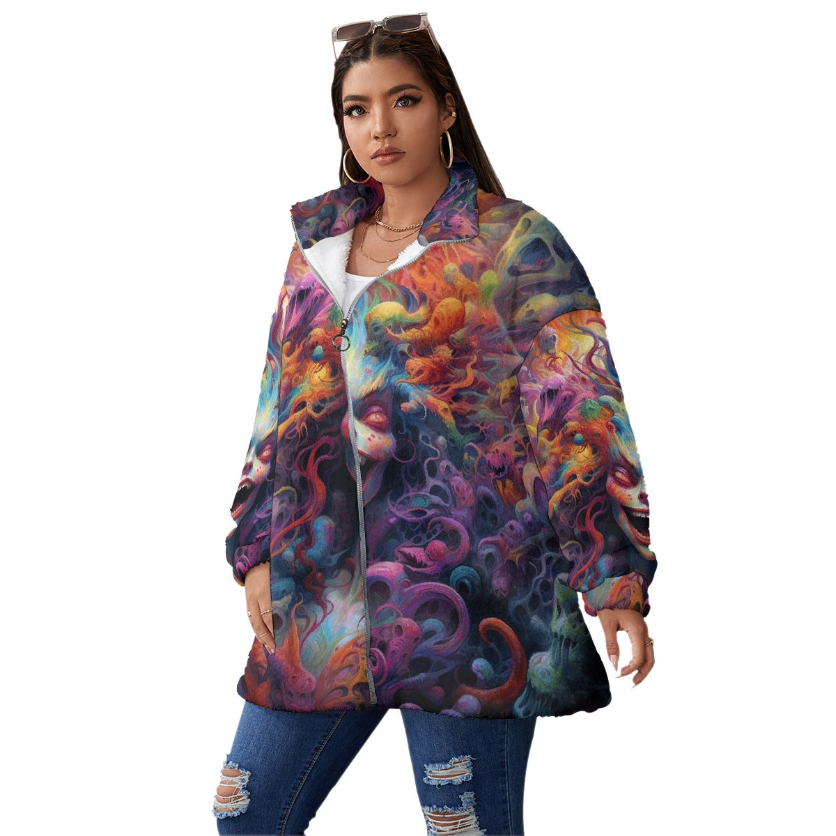 All-Over Print Unisex Borg Fleece Stand-up Collar Coat With Zipper Closure(Plus Size)