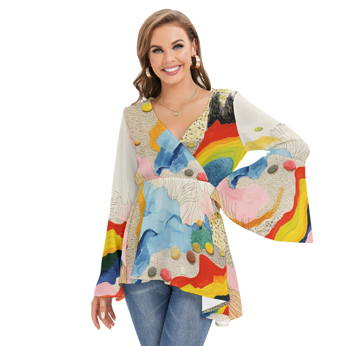 All-Over Print Women's V-neck Blouse With Flared Sleeves