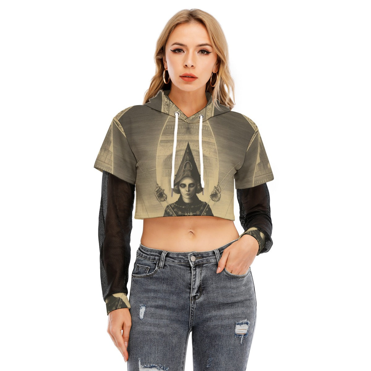 All-Over Print Women's Fake Two-piece Mesh Sleeve Cropped Hoodie
