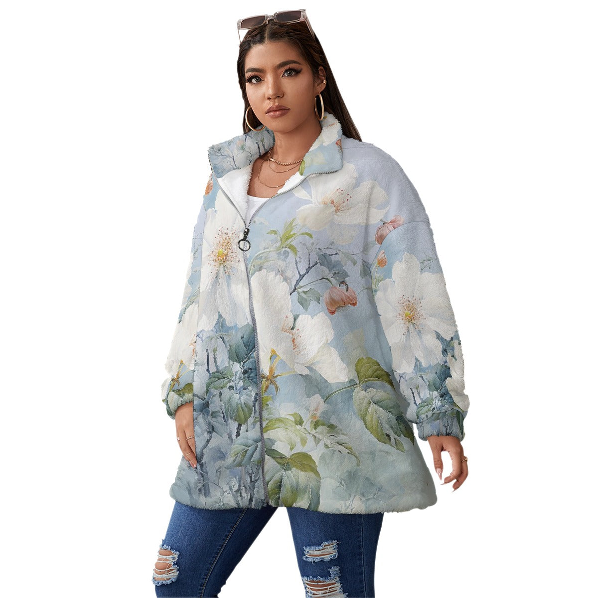 All-Over Print Unisex Borg Fleece Stand-up Collar Coat With Zipper Closure(Plus Size)
