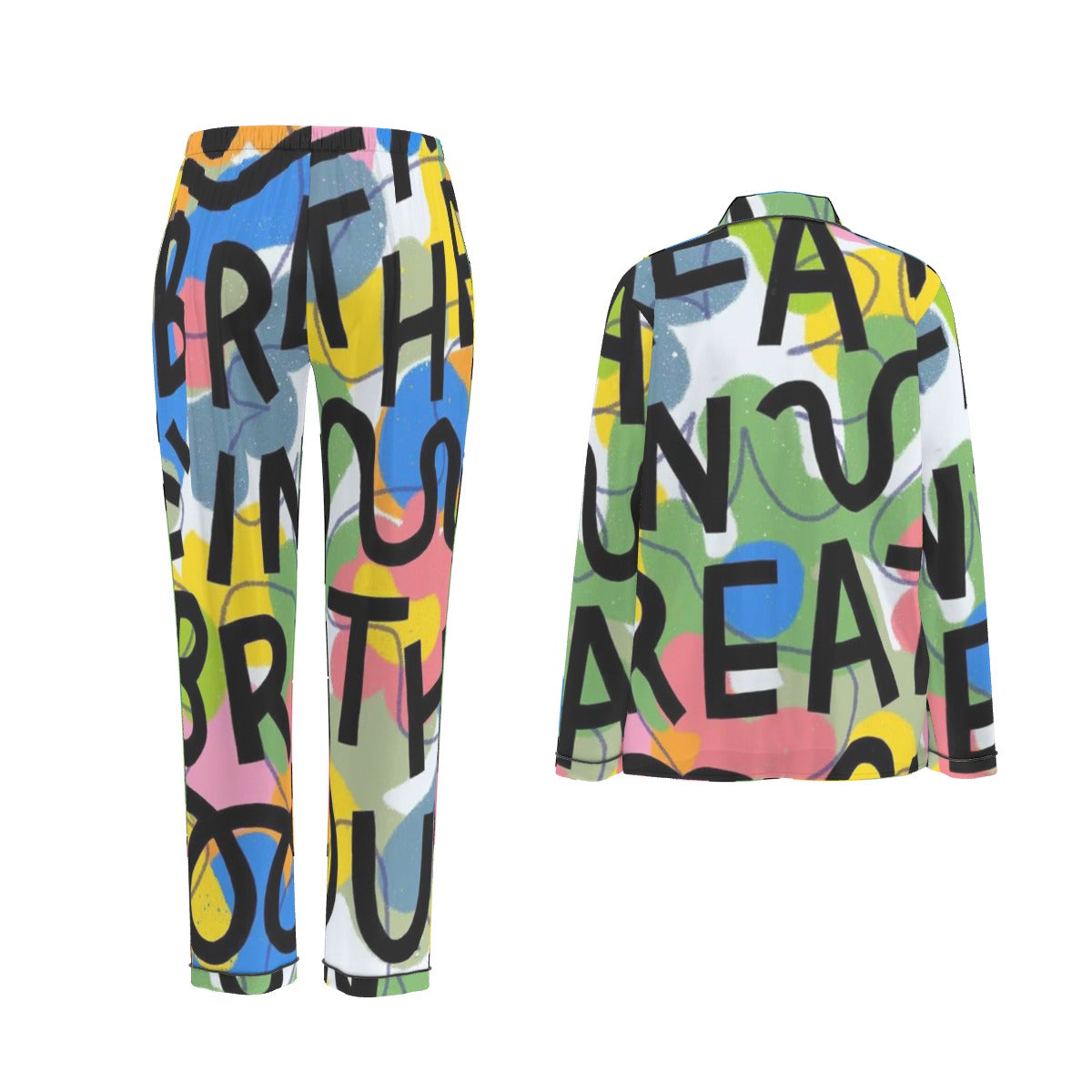 All-Over Print Women's Long Sleeve Pajama Set With Black Contrast Piping