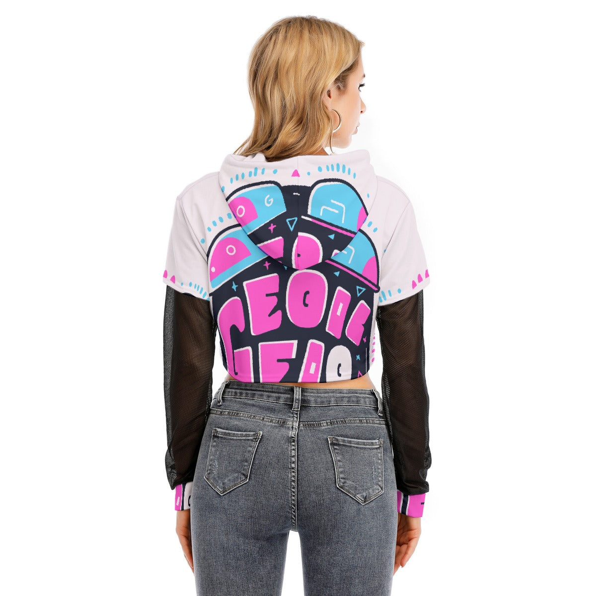 All-Over Print Women's Fake Two-piece Mesh Sleeve Cropped Hoodie