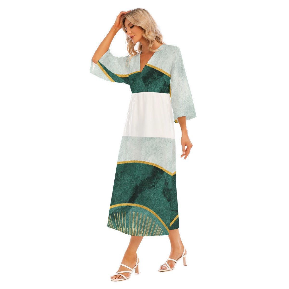 All-Over Print Women's Mid-Sleeve Long Dress