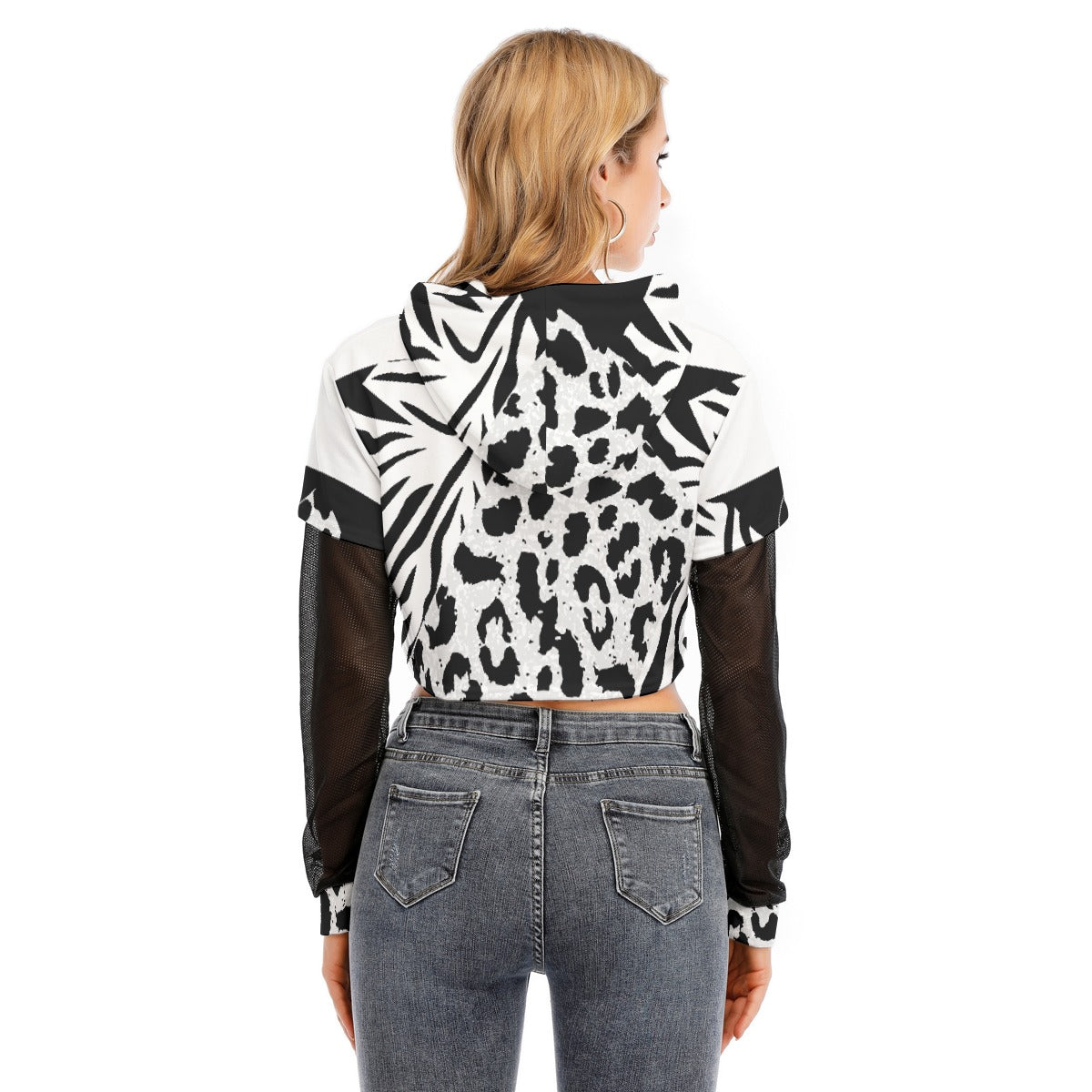 All-Over Print Women's Fake Two-piece Mesh Sleeve Cropped Hoodie
