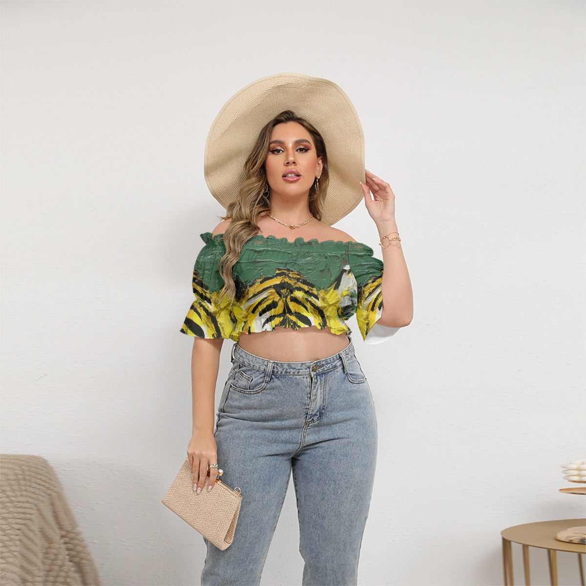 All-Over Print Women's Off-shoulder Cropped Top With Short Puff Sleeve