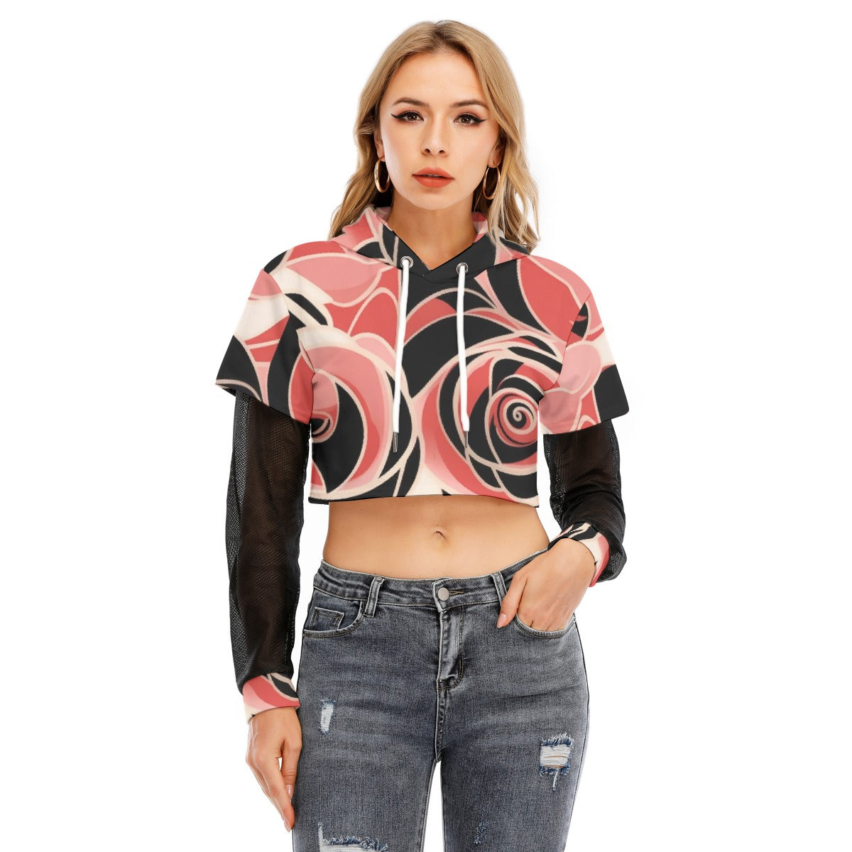 All-Over Print Women's Fake Two-piece Mesh Sleeve Cropped Hoodie