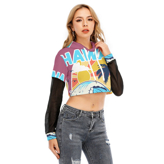 All-Over Print Women's Fake Two-piece Mesh Sleeve Cropped Hoodie