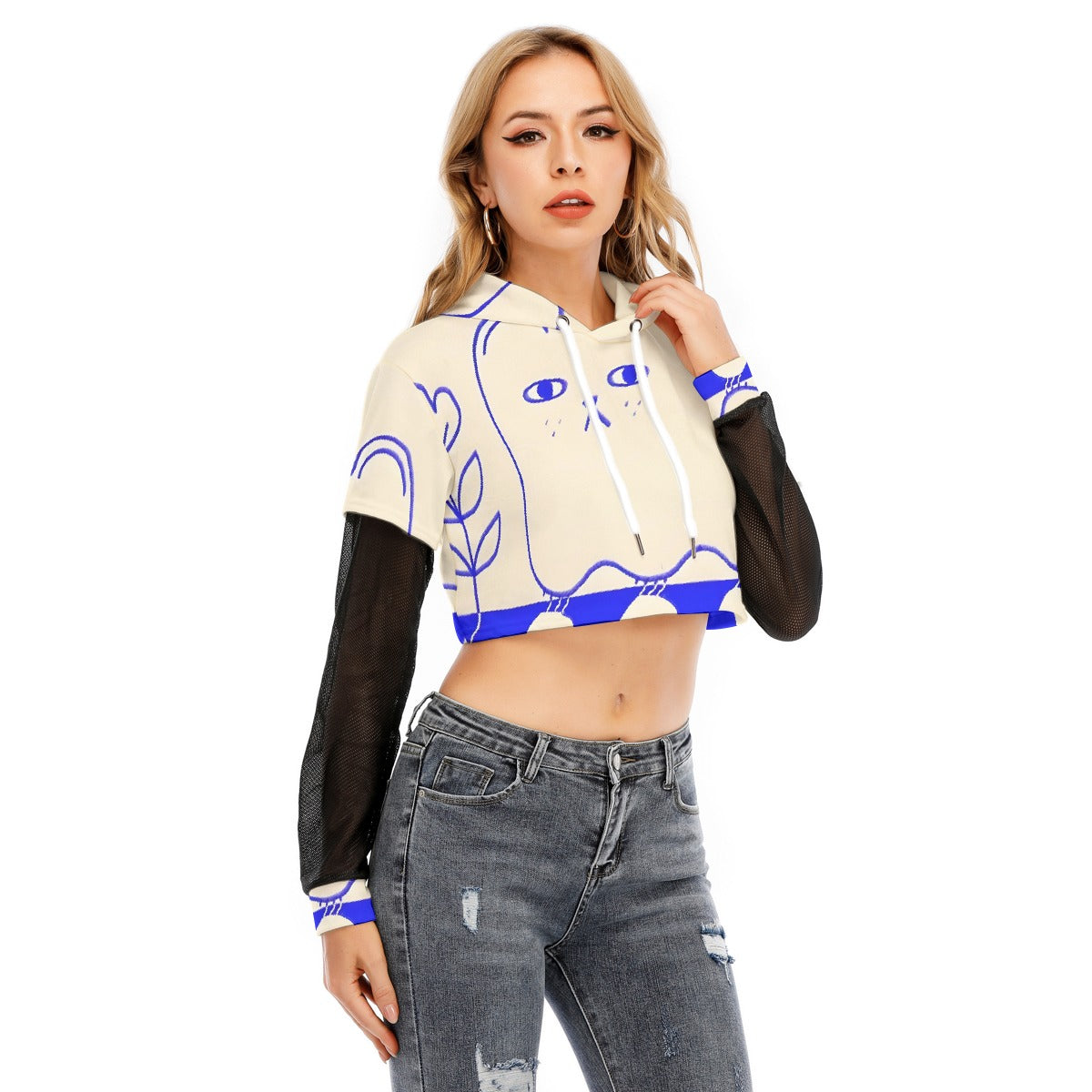 All-Over Print Women's Fake Two-piece Mesh Sleeve Cropped Hoodie