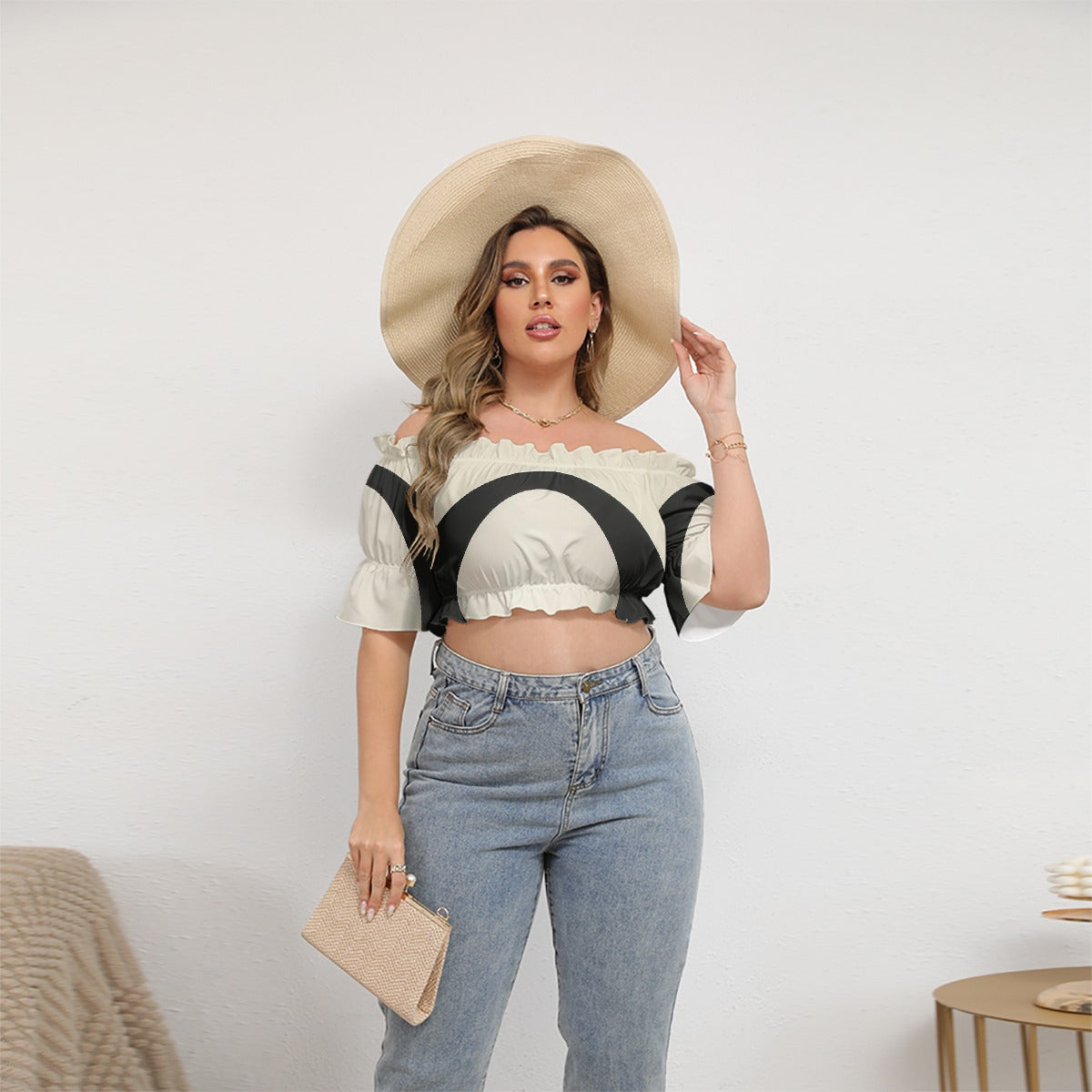 All-Over Print Women's Off-shoulder Cropped Top With Short Puff Sleeve