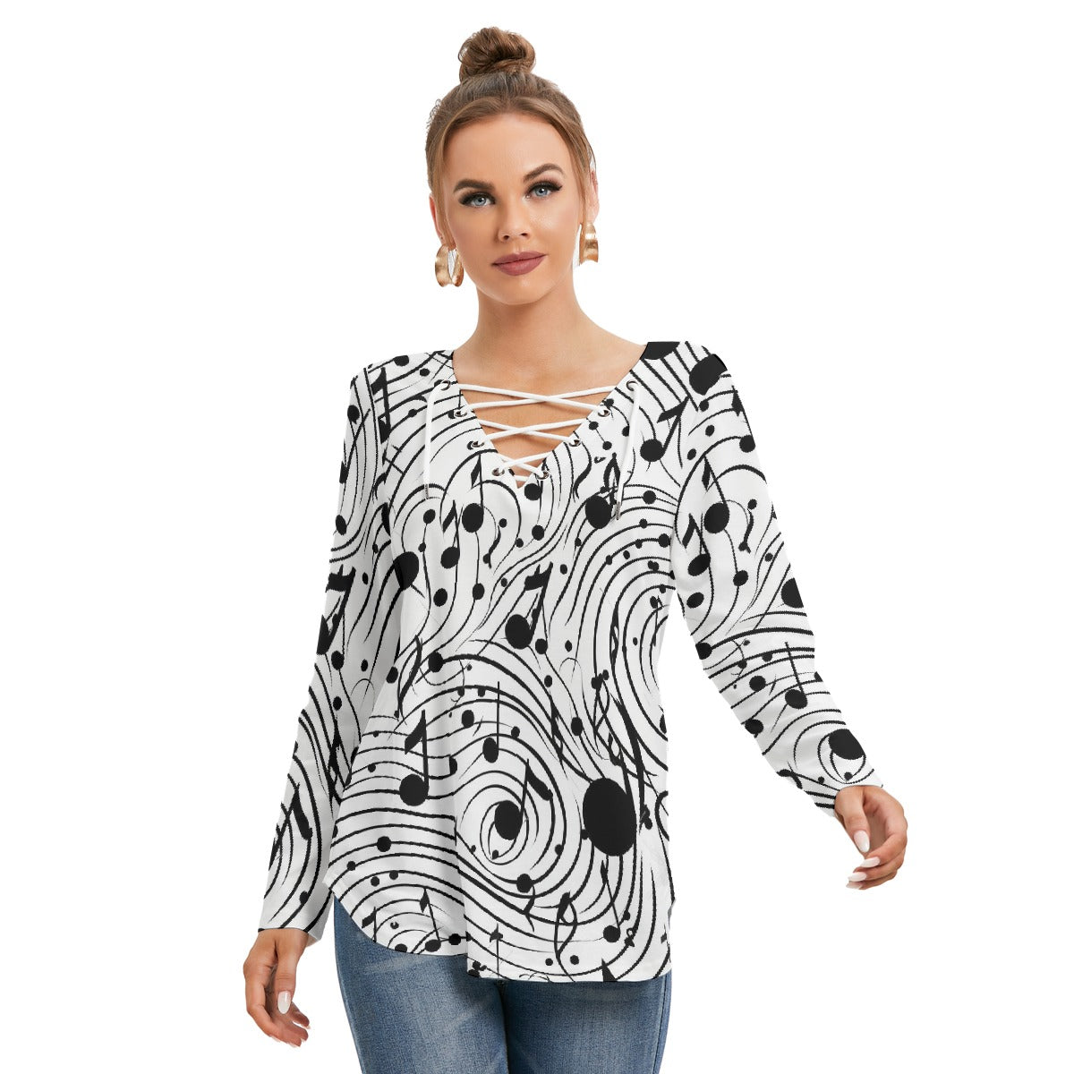 All-Over Print Women's Long Sleeve Neckline Tie Sweatshirt
