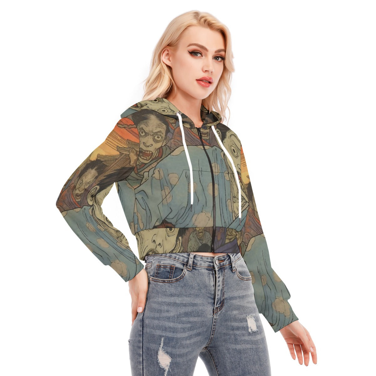 All-Over Print Women's Crop Top Hoodie With Zipper Closure