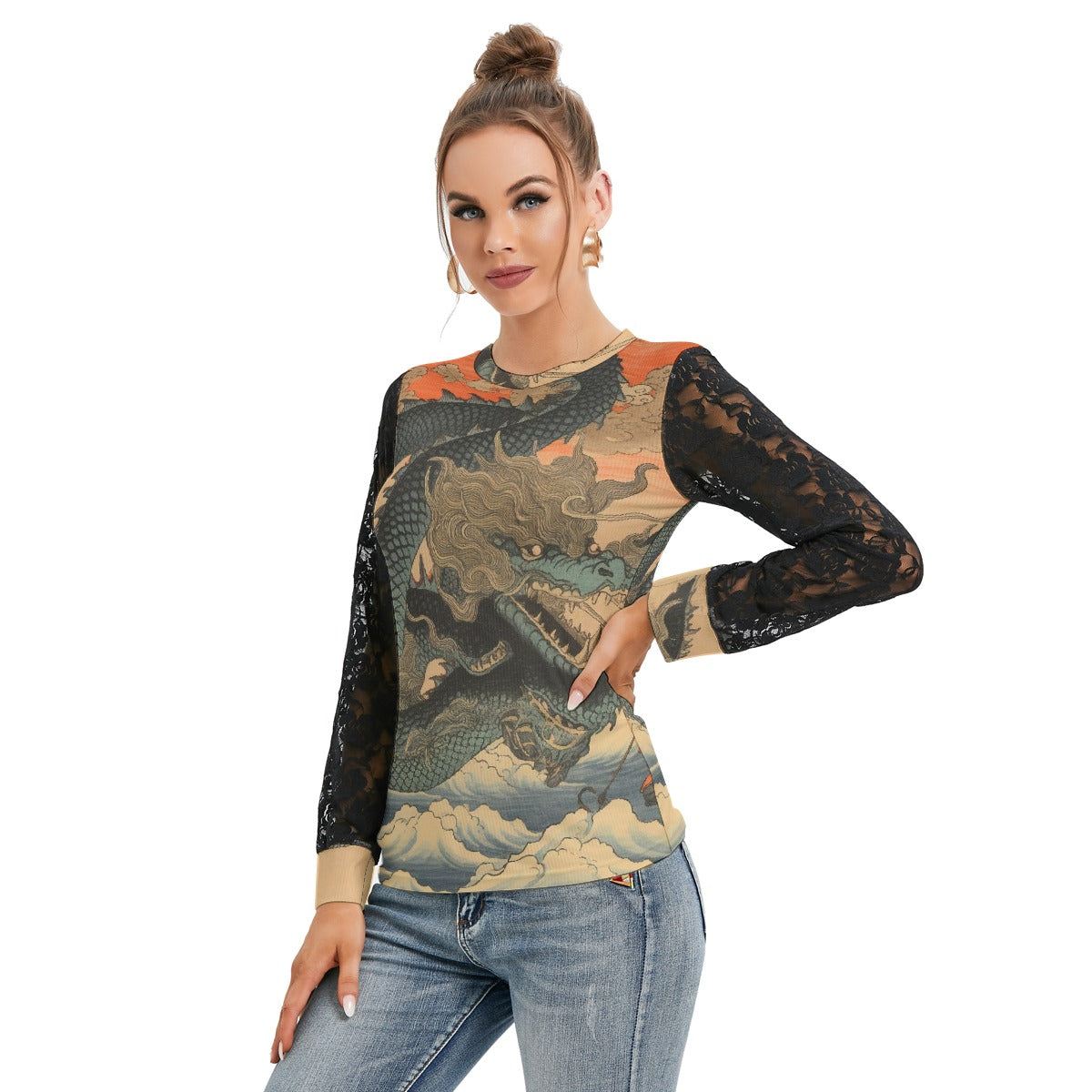 All-Over Print Women's T-shirt And Sleeve With Black Lace