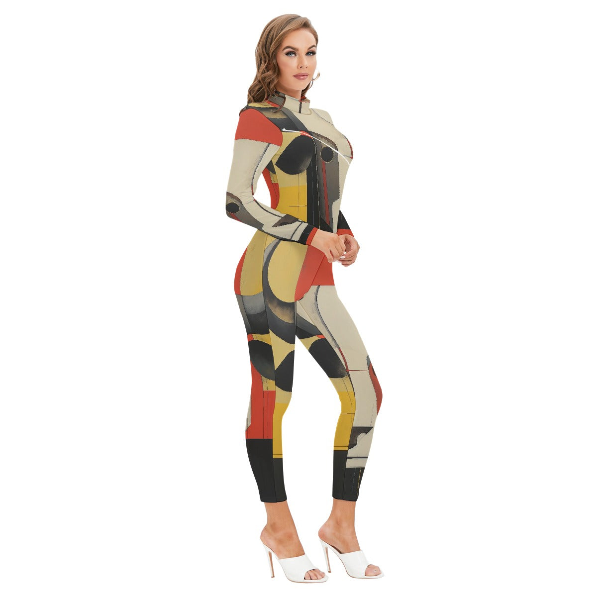 All-Over Print Women's Long-sleeved High-neck Jumpsuit With Zipper