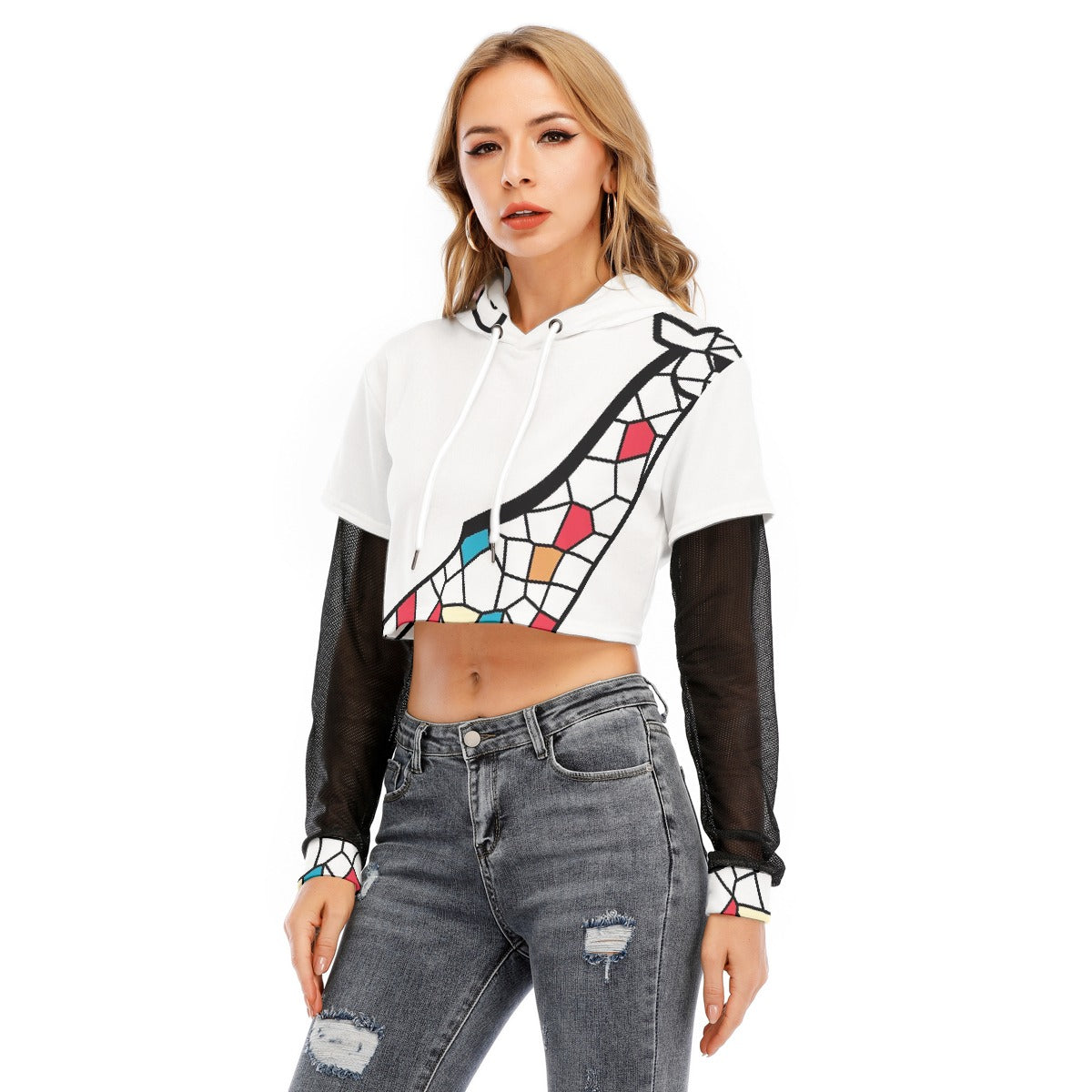 All-Over Print Women's Fake Two-piece Mesh Sleeve Cropped Hoodie