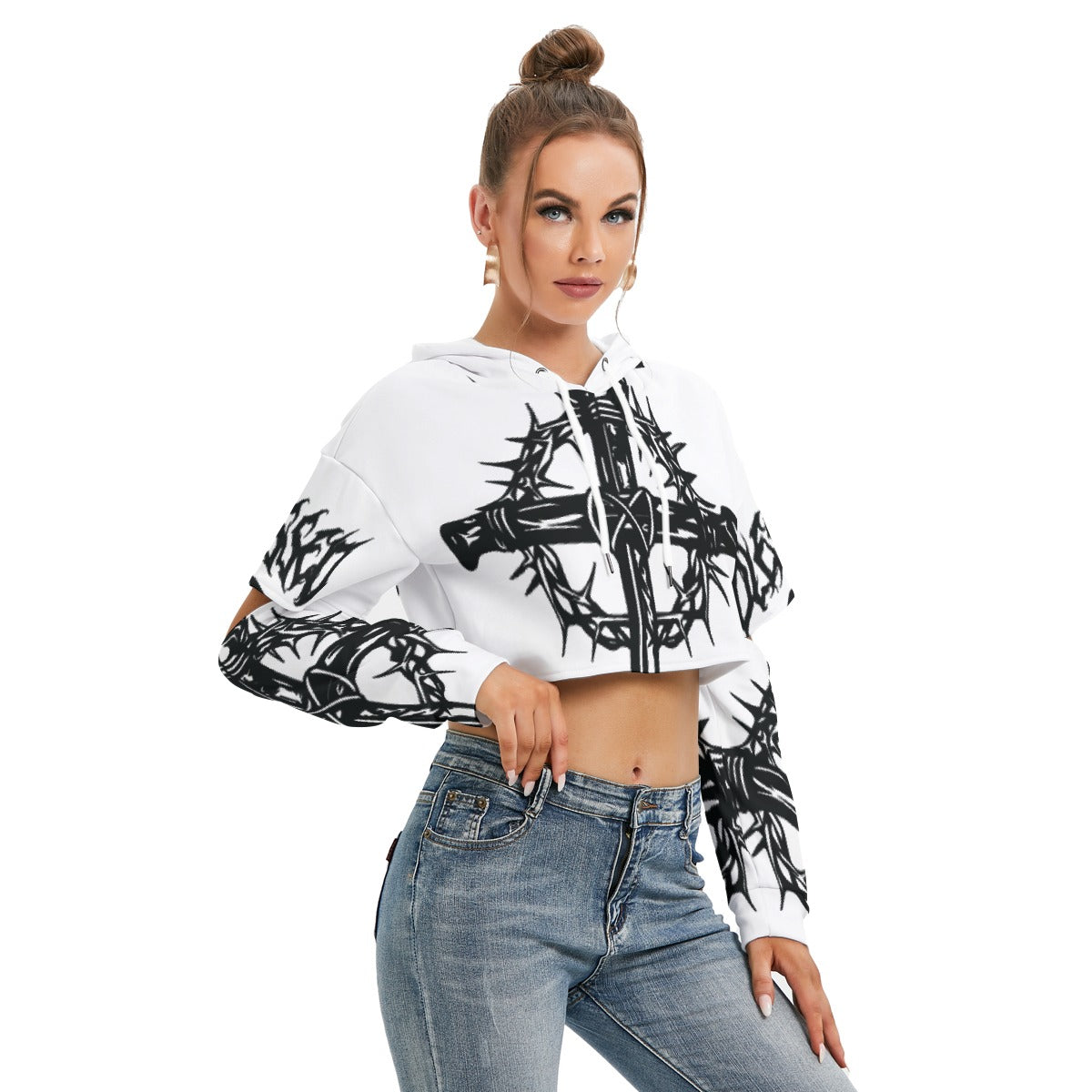 All-Over Print Women's Heavy Fleece Hoodie With Hollow Out Sleeve