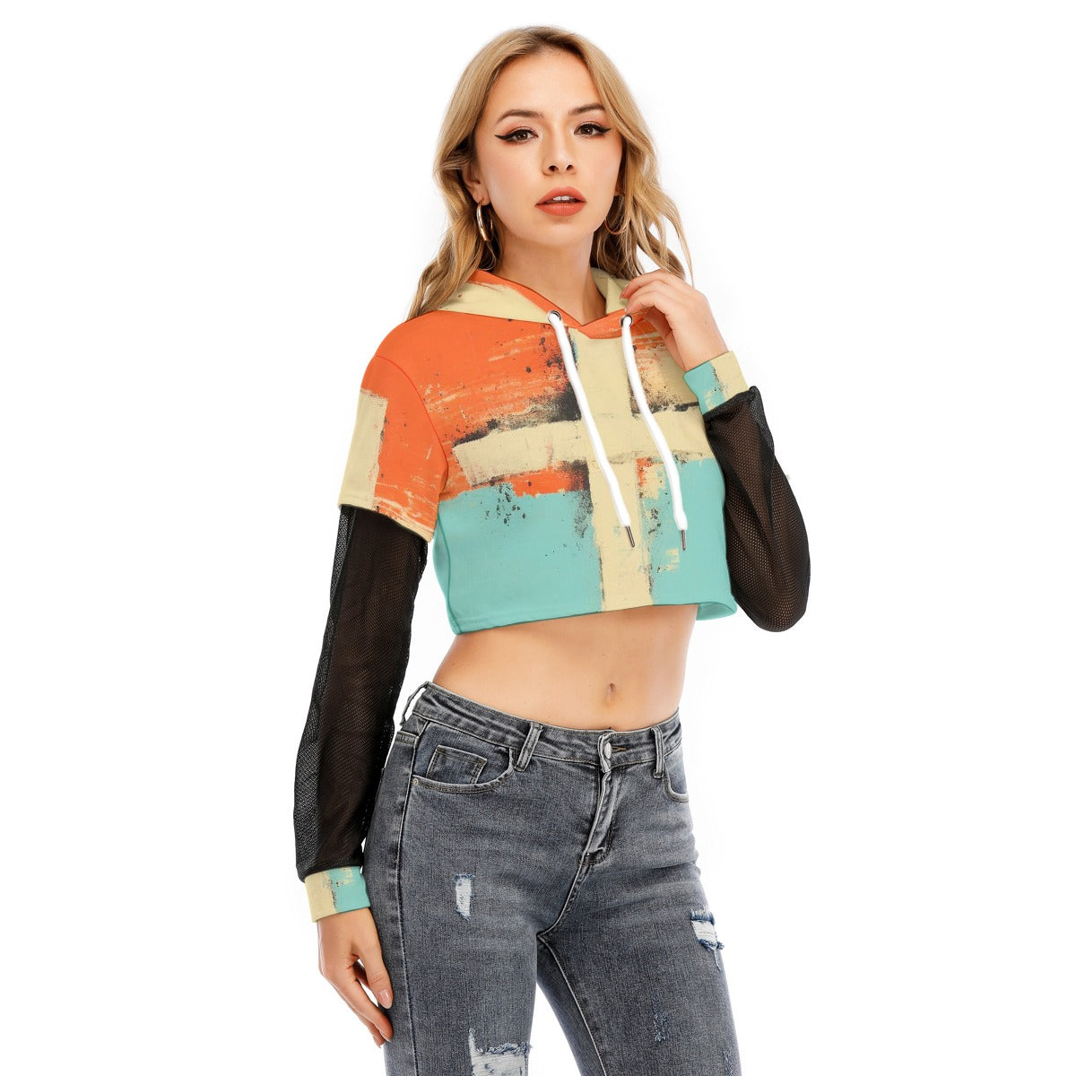 All-Over Print Women's Fake Two-piece Mesh Sleeve Cropped Hoodie