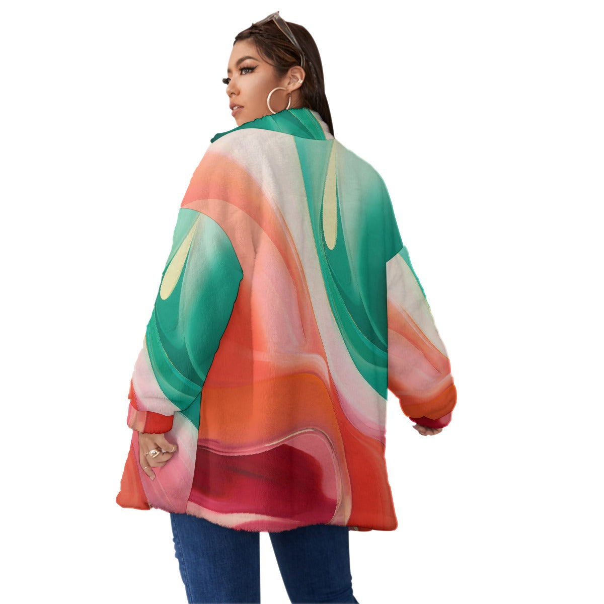 All-Over Print Unisex Borg Fleece Stand-up Collar Coat With Zipper Closure(Plus Size)