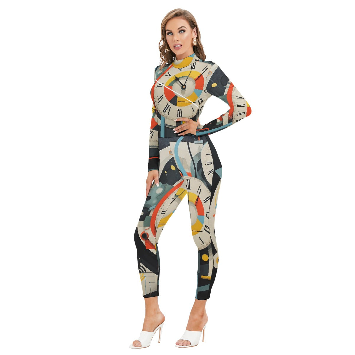 All-Over Print Women's Long-sleeved High-neck Jumpsuit With Zipper