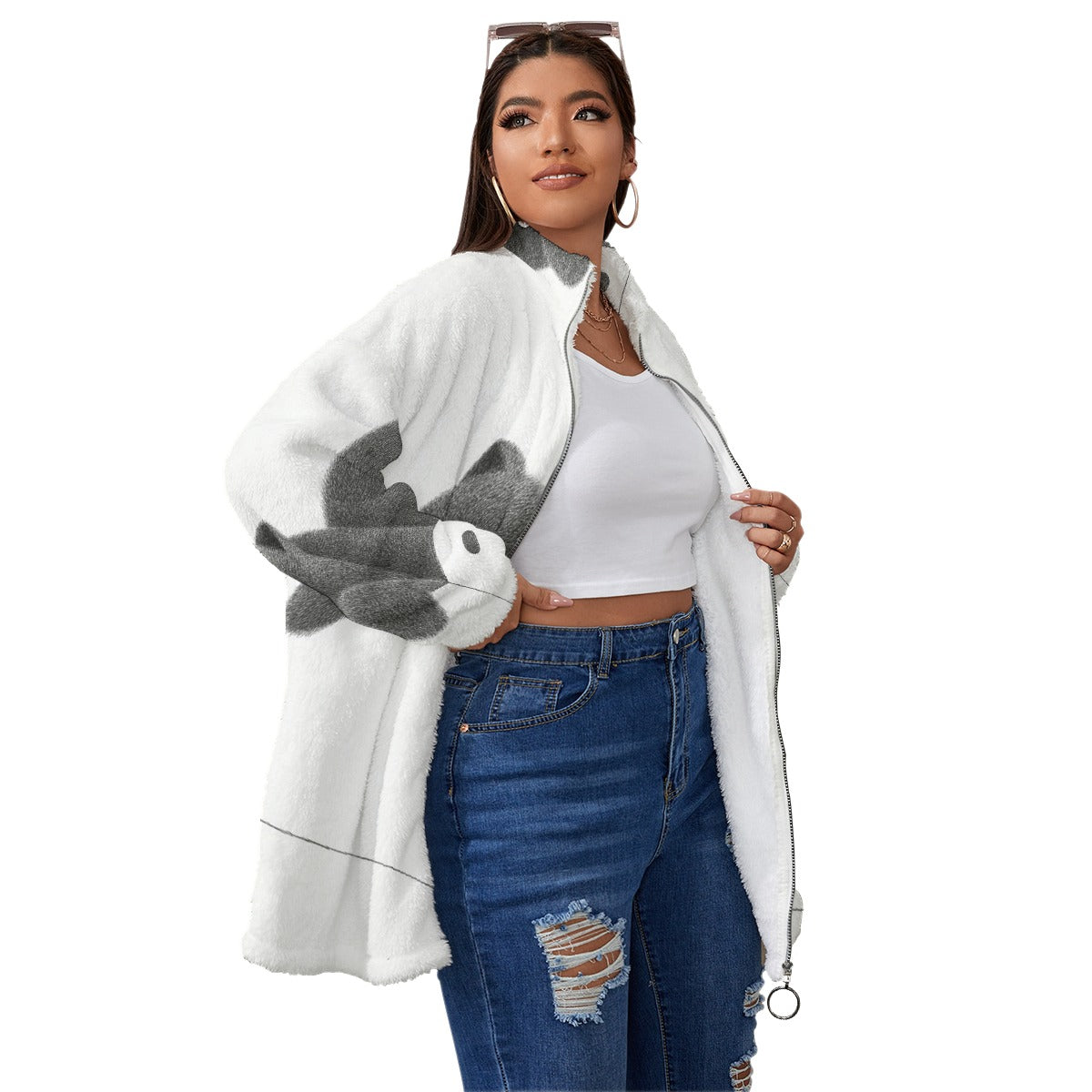 All-Over Print Unisex Borg Fleece Stand-up Collar Coat With Zipper Closure(Plus Size)