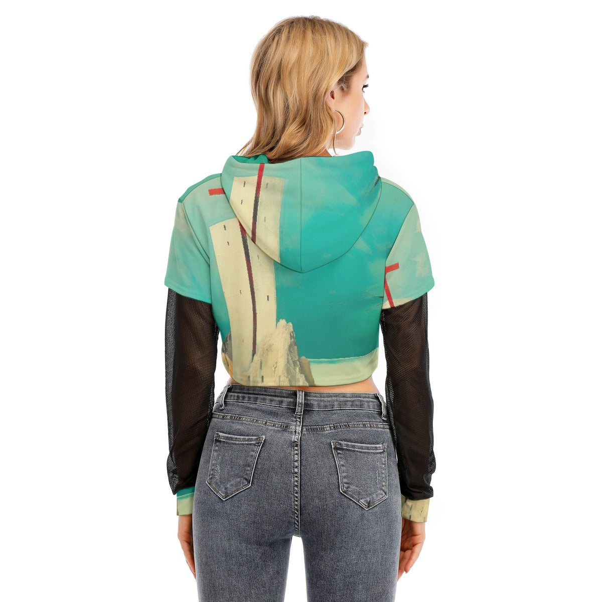 All-Over Print Women's Fake Two-piece Mesh Sleeve Cropped Hoodie