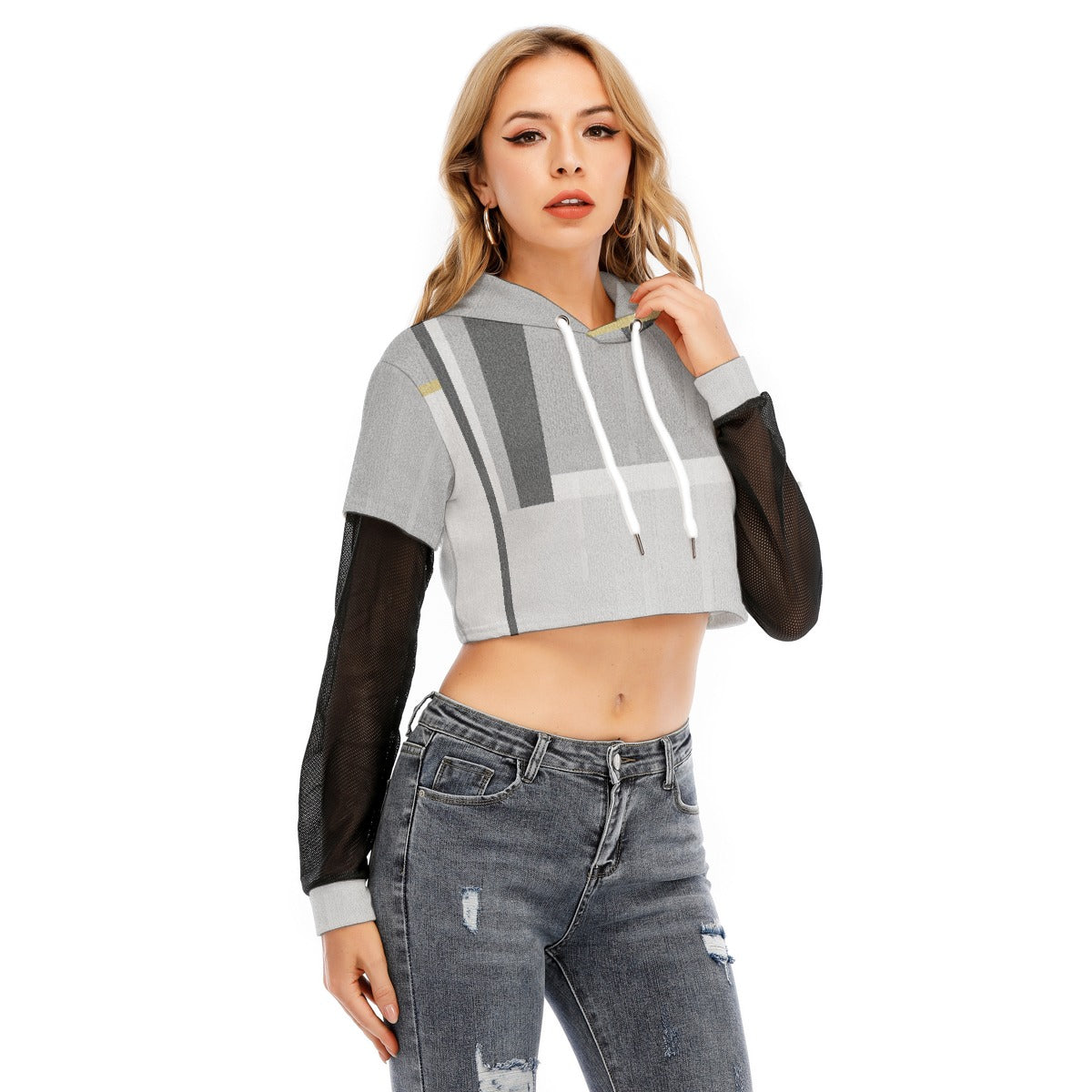 All-Over Print Women's Fake Two-piece Mesh Sleeve Cropped Hoodie