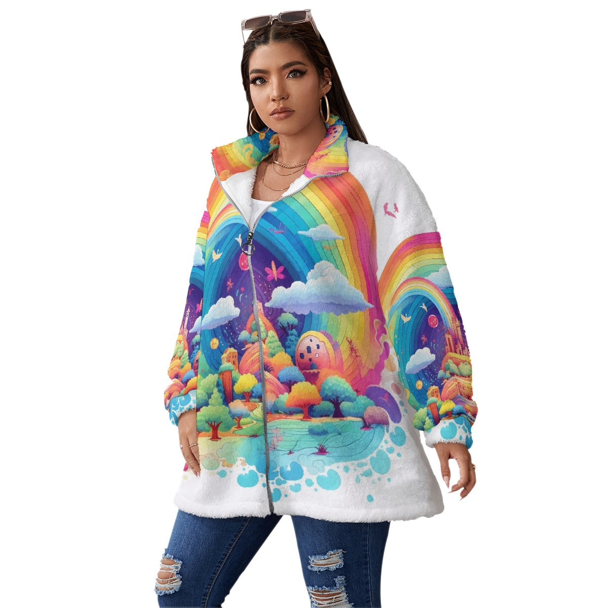 All-Over Print Unisex Borg Fleece Stand-up Collar Coat With Zipper Closure(Plus Size)