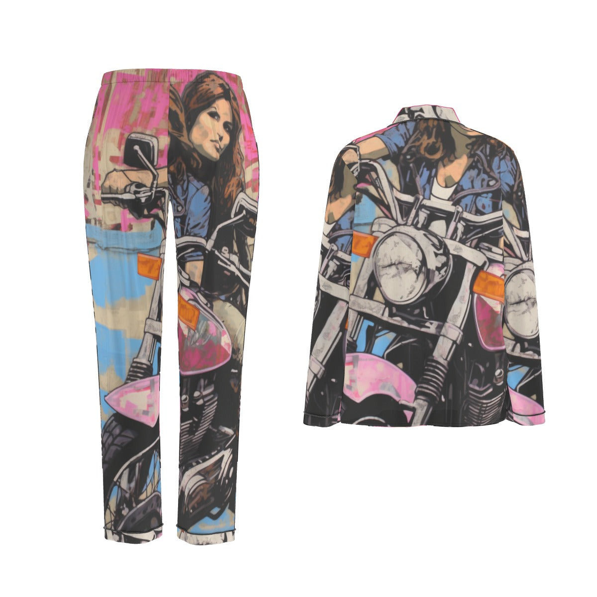 All-Over Print Women's Long Sleeve Pajama Set With Black Contrast Piping