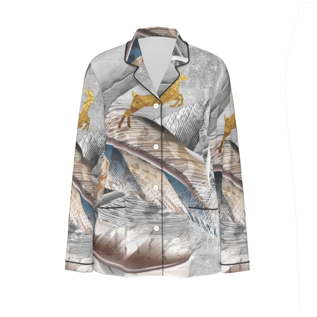 All-Over Print Women's Long Sleeve Pajama Set With Black Contrast Piping