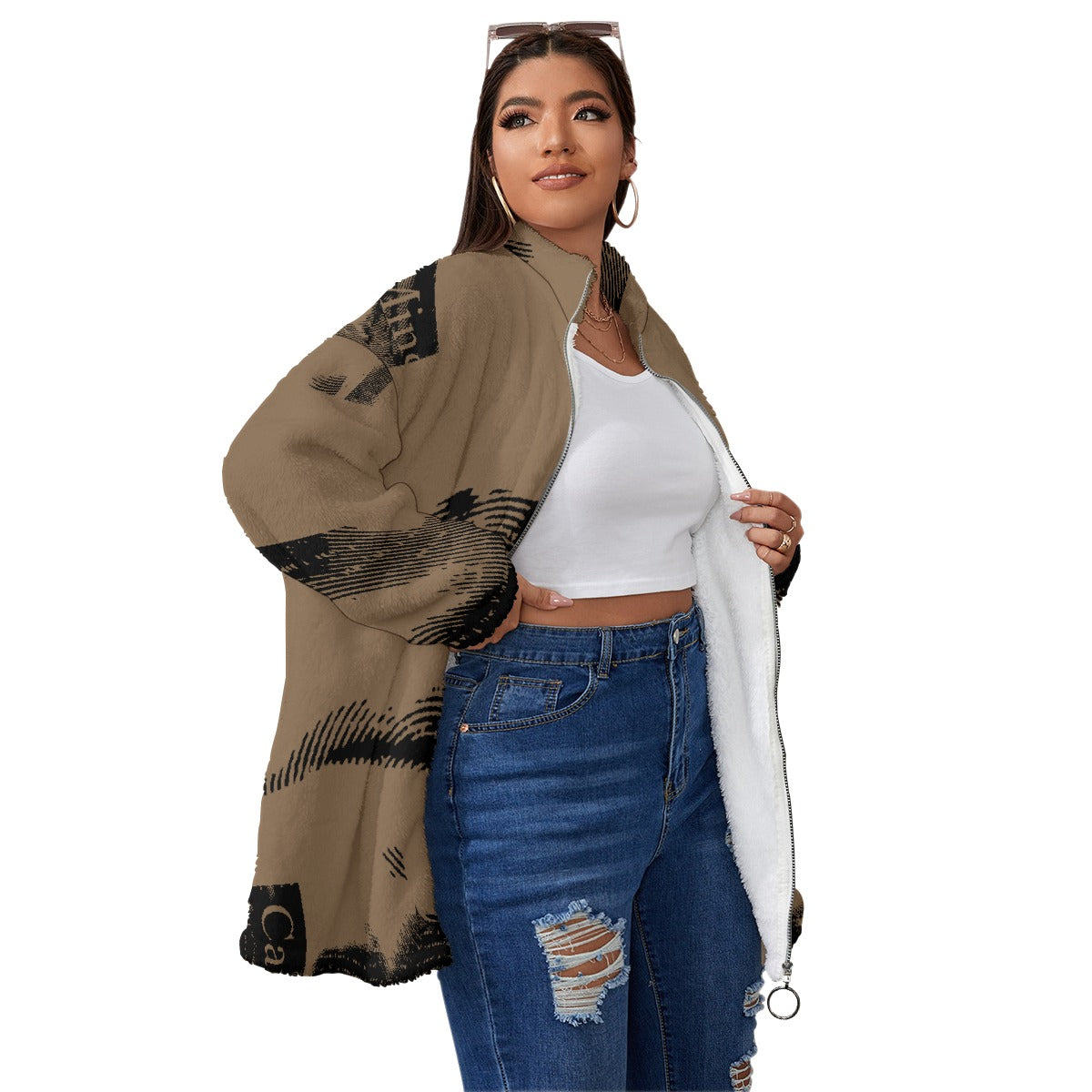 All-Over Print Unisex Borg Fleece Stand-up Collar Coat With Zipper Closure(Plus Size)